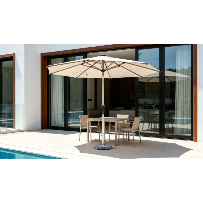 FHUM076 Wood-Grain Aluminum Tilt Center Pole Outdoor Umbrella | 3M Round with LED Light Option