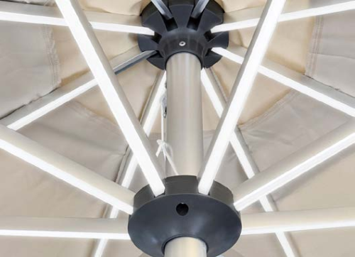 FHUM076 Wood-Grain Aluminum Tilt Center Pole Outdoor Umbrella | 3M Round with LED Light Option