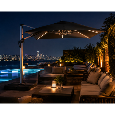 Roman Side Pole Umbrella with 360° Rotation, Optional LED & Double Canopy, Natural Anodized