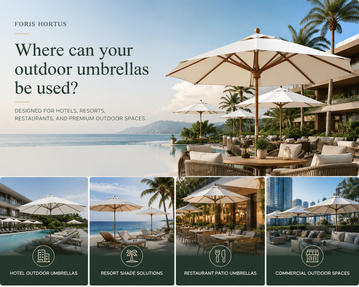 Where can your outdoor umbrellas be used?