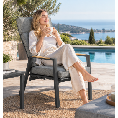 High-Back Adjustable Outdoor Armchair | Charcoal Aluminium Chair with Wood Panel Armrest
