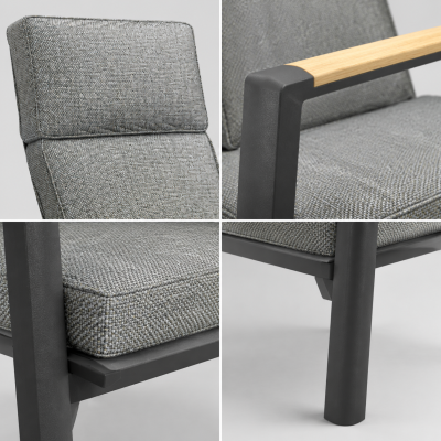 High-Back Adjustable Outdoor Armchair | Charcoal Aluminium Chair with Wood Panel Armrest