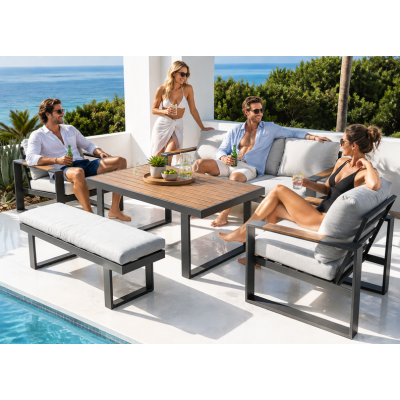 5-Piece Aluminium Outdoor Sofa Set | Three-Seater, Two Single Chairs, Wood-Top Coffee Table & Bench