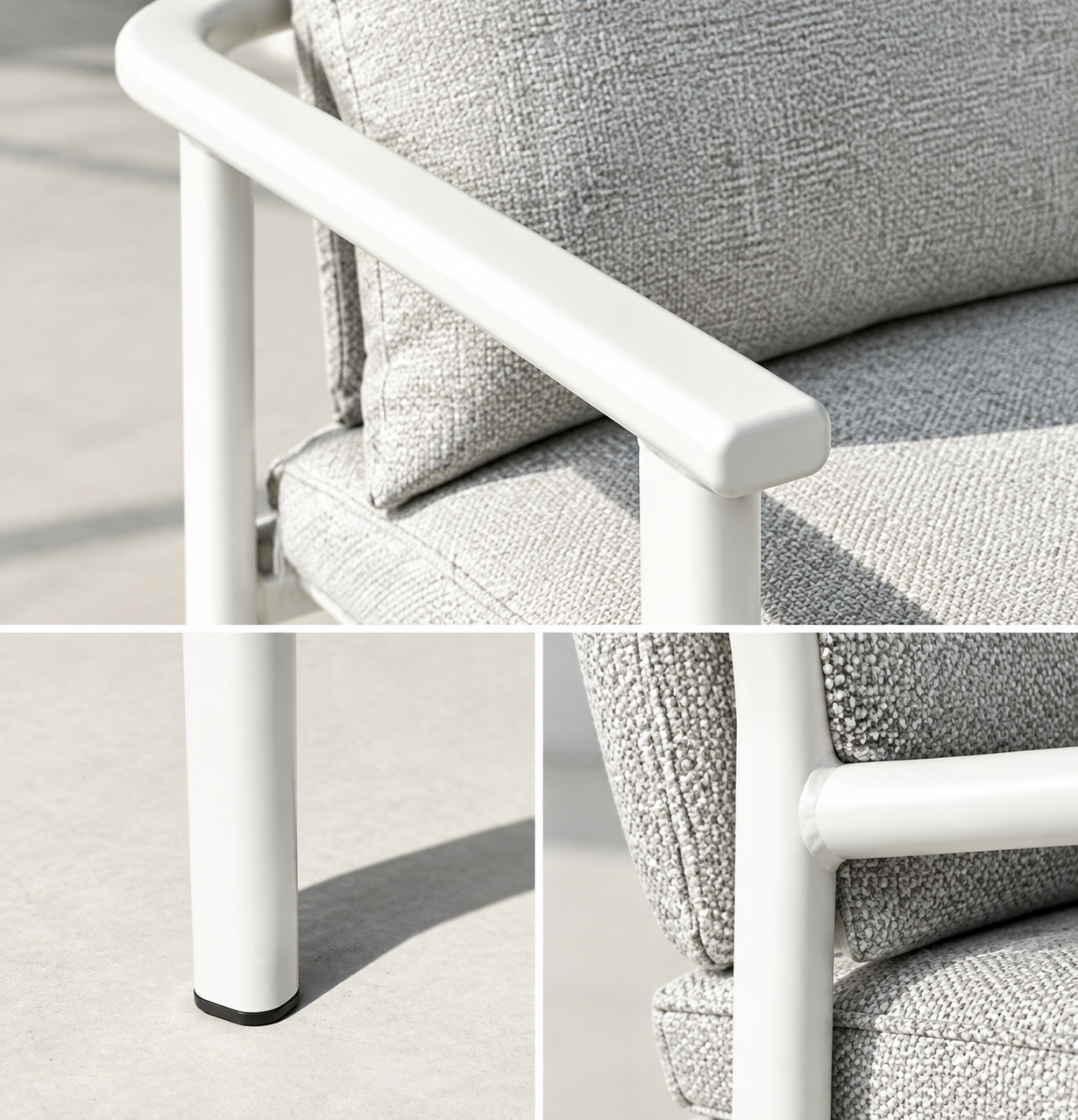 White round tube armrest sloping down to the front leg