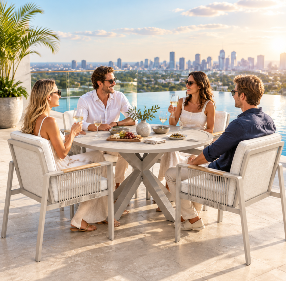 Round Extendable Outdoor Dining Set | Aluminium Slat Table with Four or Six Rope Weave Chairs