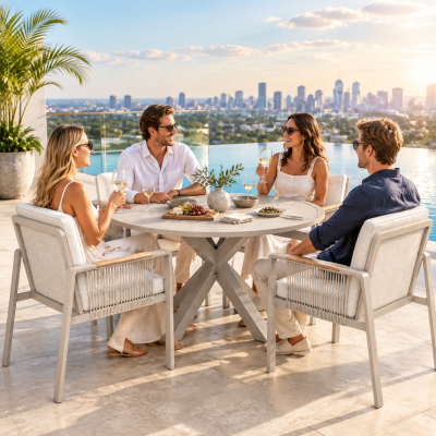 Round Extendable Outdoor Dining Set | Aluminium Slat Table with Four or Six Rope Weave Chairs