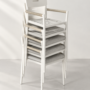Aluminium Outdoor Armchair | White Slat-Seat Garden Chair with Removable Woven Cushion for Patio Terrace Hotel