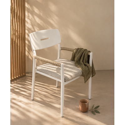 Aluminium Outdoor Armchair | White Slat-Seat Garden Chair with Removable Woven Cushion for Patio Terrace Hotel