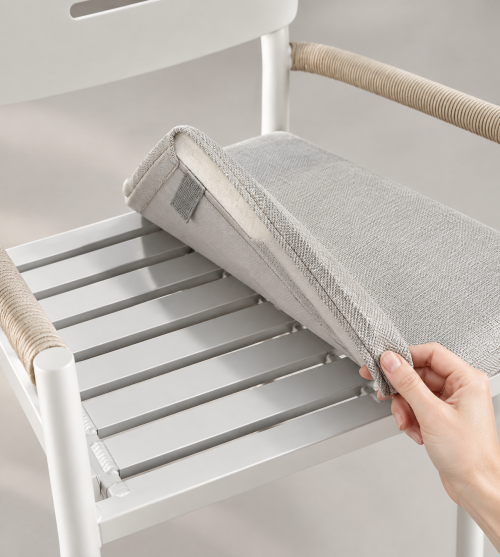 Aluminium Outdoor Armchair | White Slat-Seat Garden Chair with Removable Woven Cushion for Patio