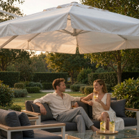 Villa Garden Shade Plan: Cantilever Umbrella & Lounge Set for a Private Patio