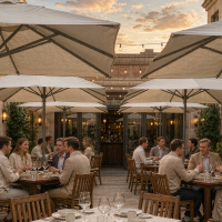 Restaurant & Cafe Shade Plan: Commercial Outdoor Umbrellas for Alfresco Dining Terrace and Courtyard