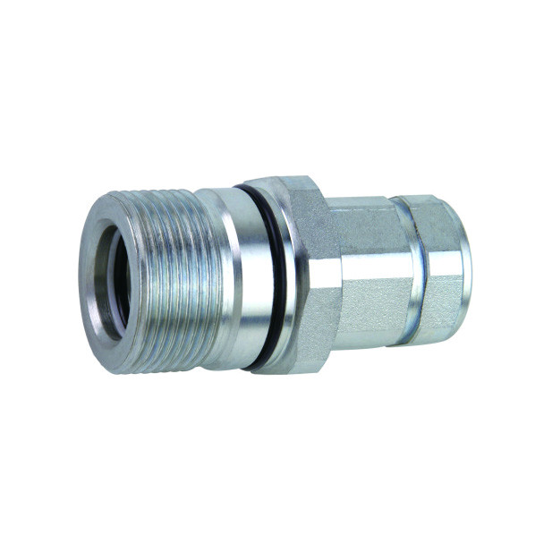 A diagram showing the internal components of a hydraulic quick coupler, including the body, valve, seal, and locking mechanism