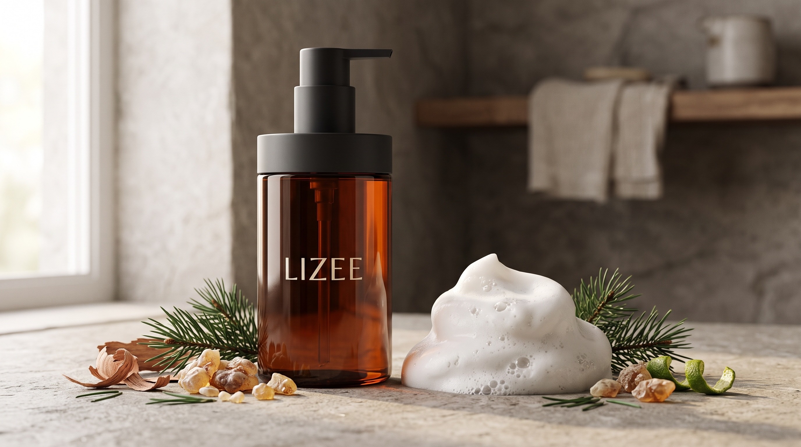 Cedarwood Nourishing Shampoo rich velvet lather and aged cedarwood botanicals flatlay