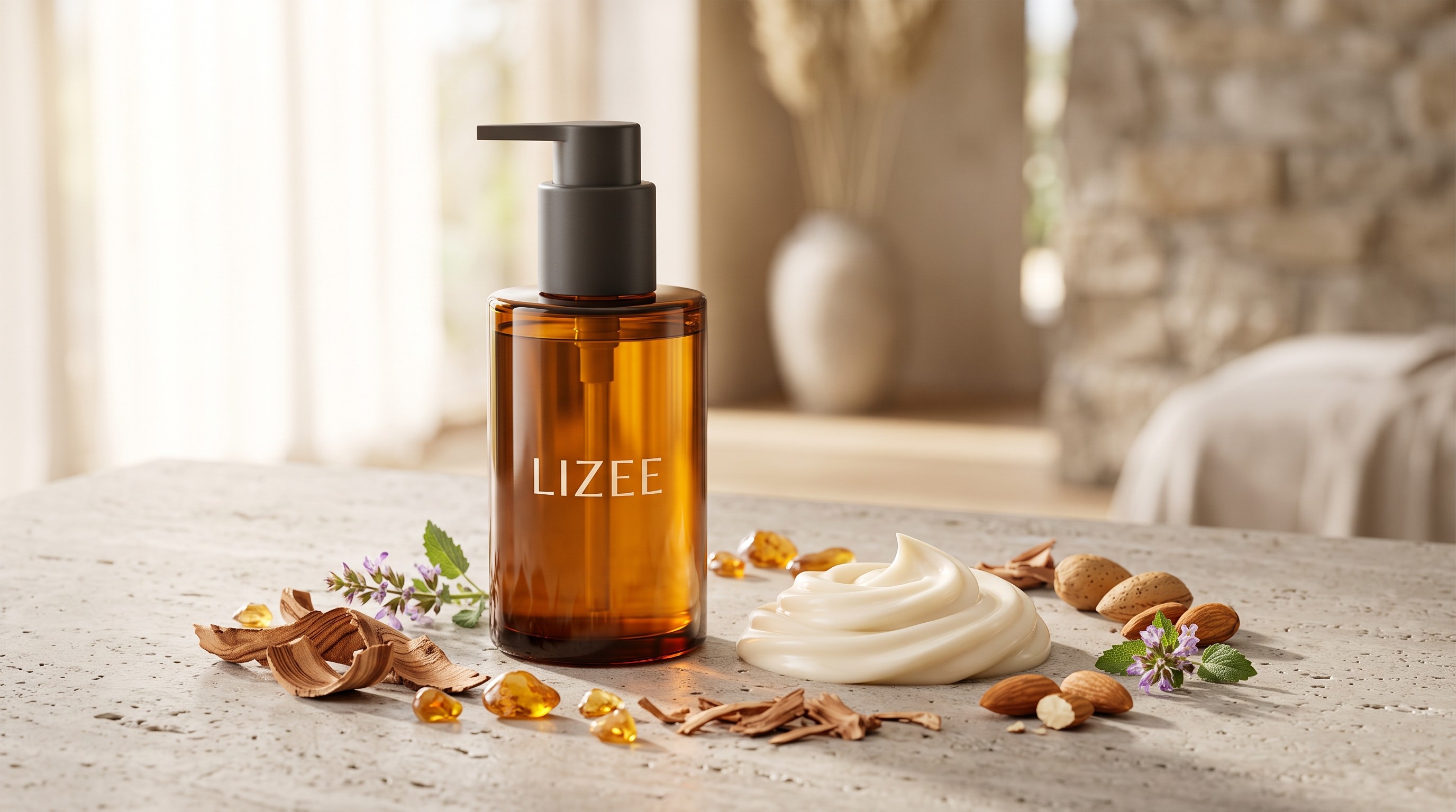 Cedarwood Restoring Conditioner silky cream texture and aged cedarwood botanicals flatlay
