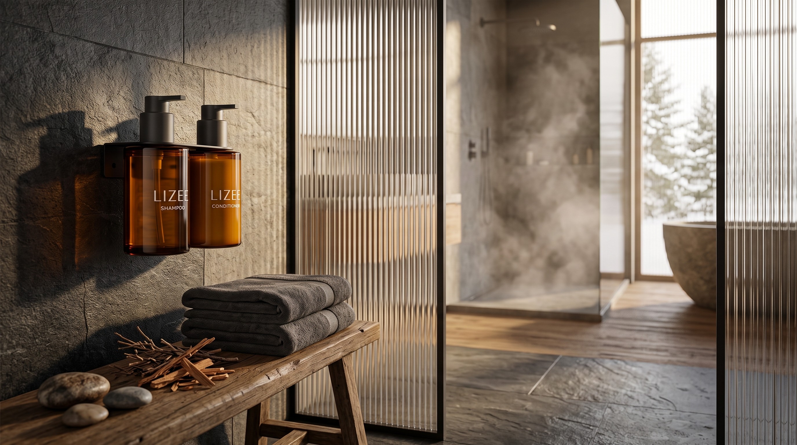 LIZEE Cedarwood hotel amenity conditioner in amber dispenser on luxury resort bathroom wall