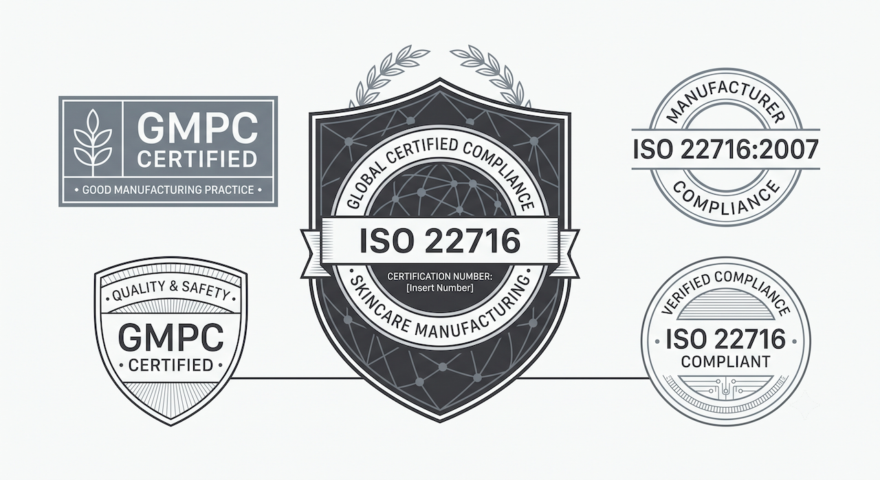GMPC and ISO 22716 certified compliant private label skincare manufacturer badges of LIZEE
