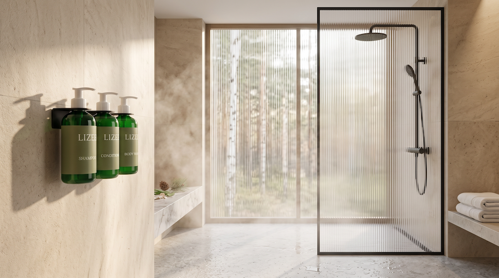 LIZEE hotel amenity collection with conditioner in luxury resort bathroom