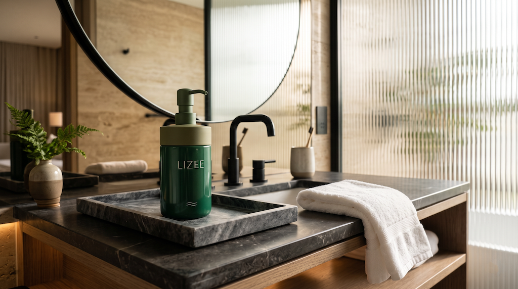 LIZEE luxury boutique hotel amenities hand wash pump bottle on marble vanity countertop