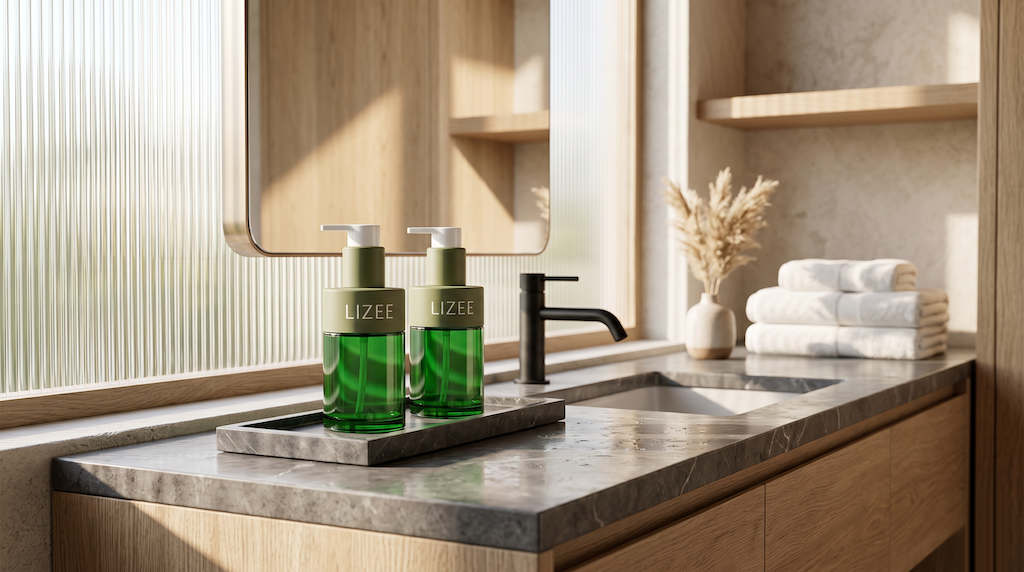 LIZEE luxury boutique hotel amenities hydrating lotion and hand wash pump bottles on marble vanity countertop