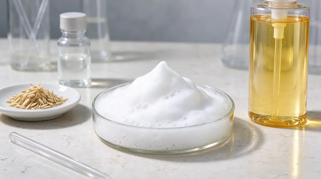 Thick white foam building up in a beaker of mineral-heavy water during a shampoo lather test