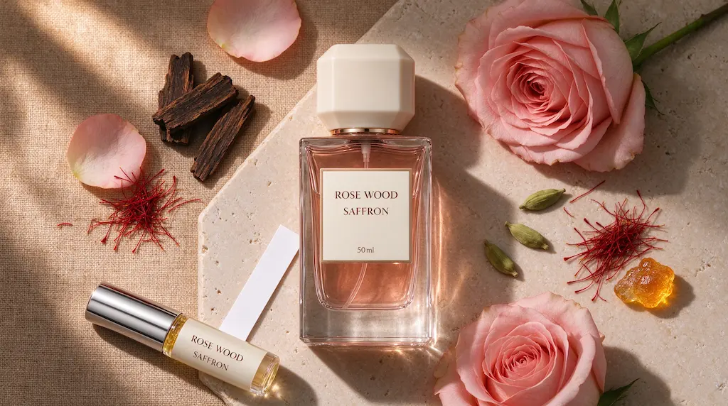 Oud wood chips, dried Damask rose petals and saffron threads arranged beside an unlabelled mist bottle