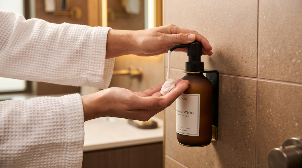 Hand in a white bathrobe pressing down a black pump dispenser to dispense a curl of white body lotion inside a tiled hotel bathroom