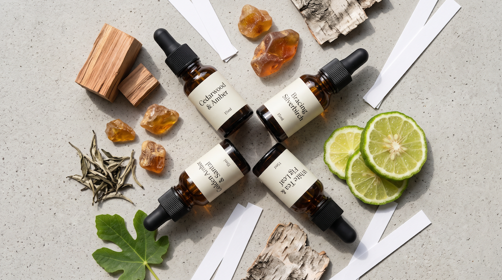 Flat lay of four amber fragrance dropper bottles surrounded by fresh bergamot slices, dried tea leaves, fig leaf, cedarwood blocks, and amber resin on light grey concrete