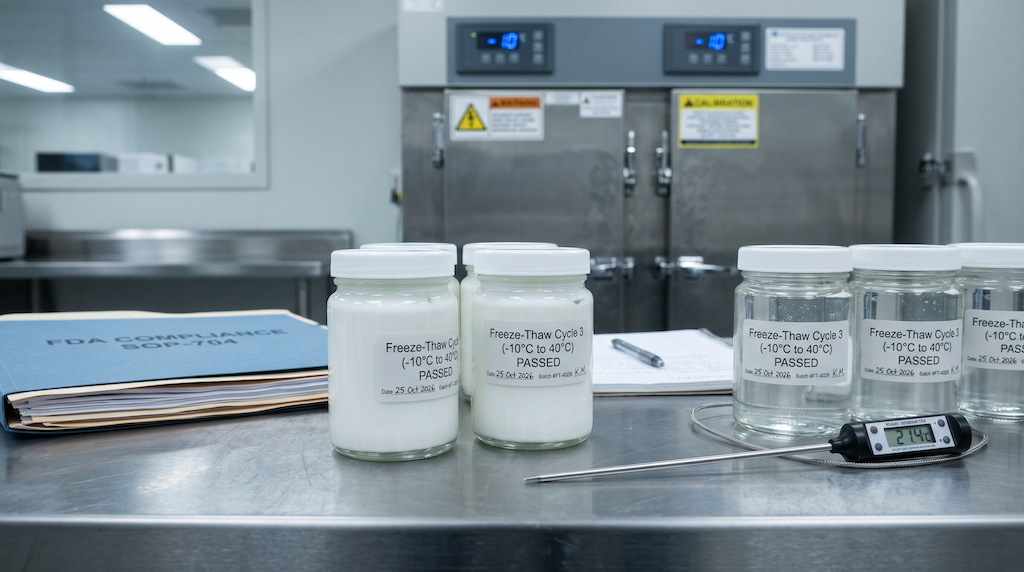 Clear glass cosmetic sample jars labeled Freeze-Thaw Passed next to a digital thermometer and testing paperwork on a stainless steel laboratory bench