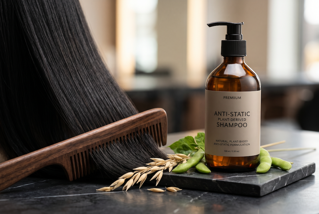 Dark walnut wooden comb gliding through smooth, silky brown hair beside an amber shampoo bottle and raw oat stalks on a dark marble surface
