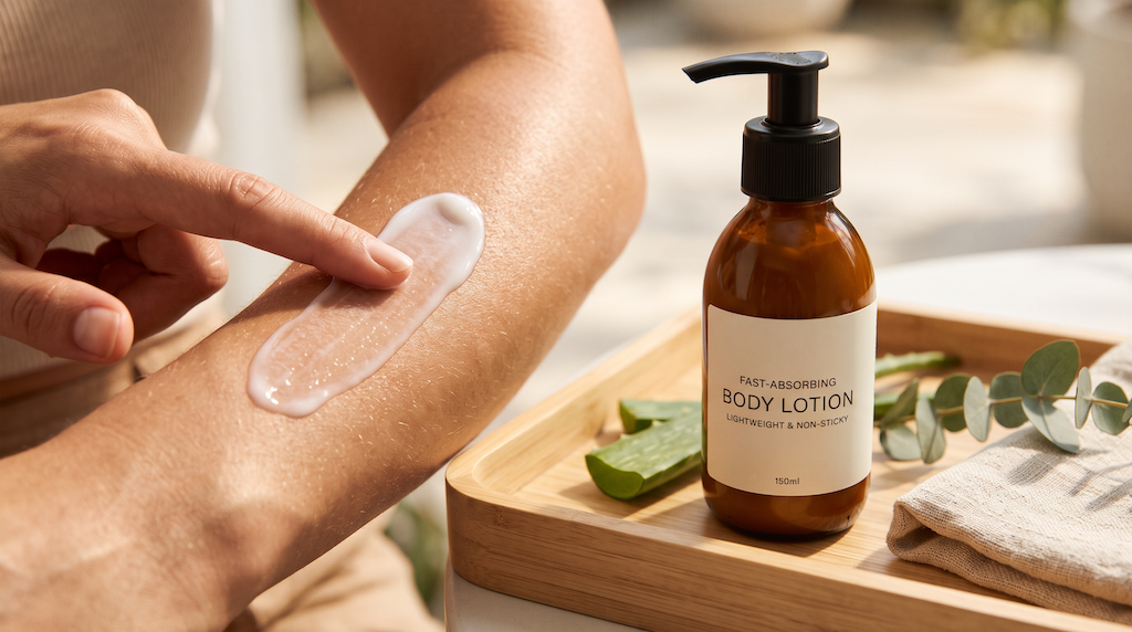 Finger smoothing a drop of lightweight white body lotion across skin on a light wood tray in natural light