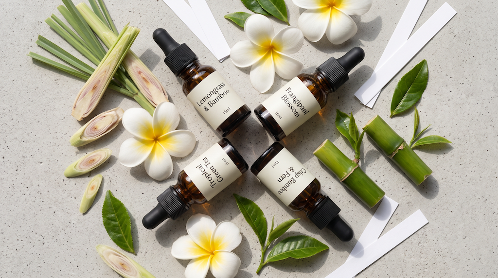 Overhead flat-lay of amber dropper bottles surrounded by fresh lemongrass, white frangipani flowers, green bamboo, and tea leaves on a light surface