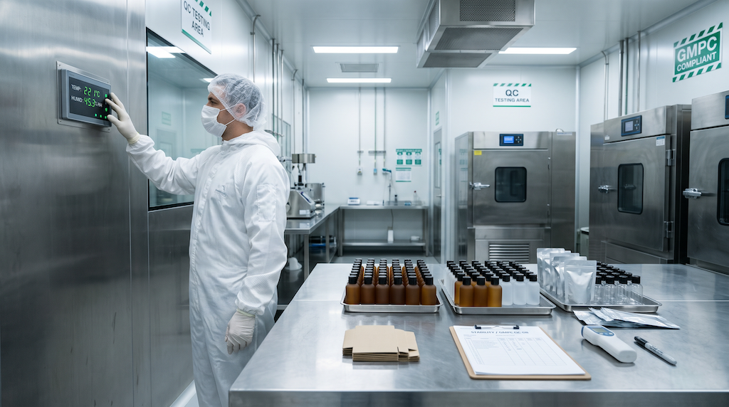 Cosmetic technician in white sterile cleanroom attire checking bottled samples and a digital temperature meter on a stainless steel bench