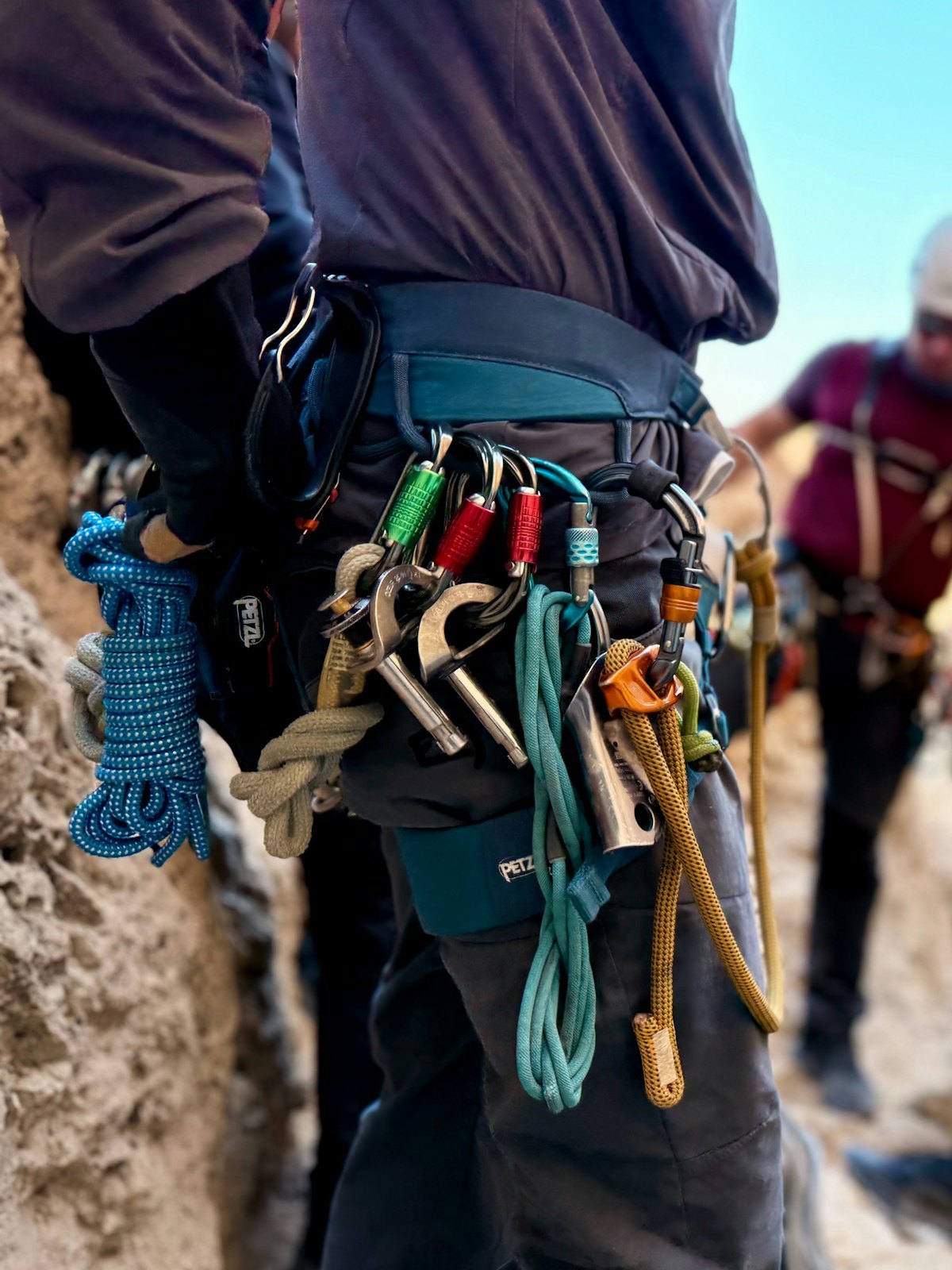 Rope access and climbing equipment prepared for use