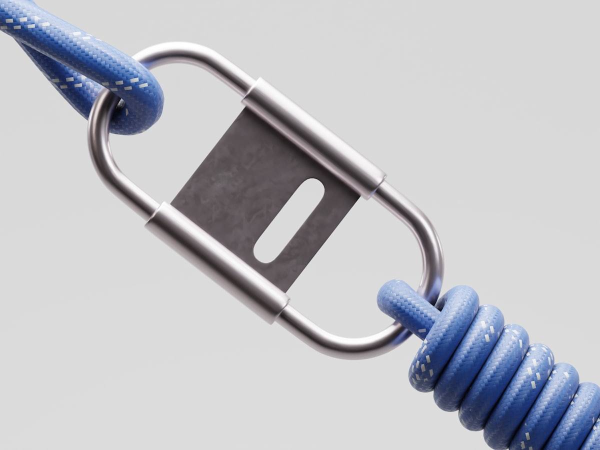 Blue rope connected with a metal carabiner