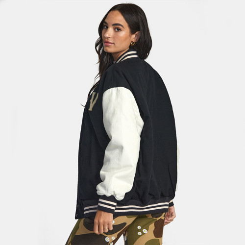 Custom Women PU Sleeve Letter Badge Varsity Jacket Manufacturer | Ginwen