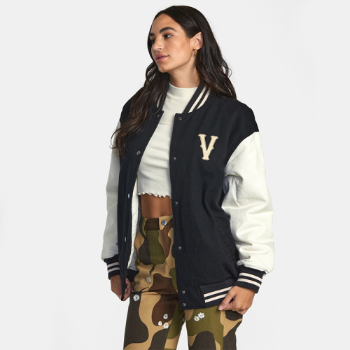 Custom Women PU Sleeve Letter Badge Varsity Jacket Manufacturer | Ginwen