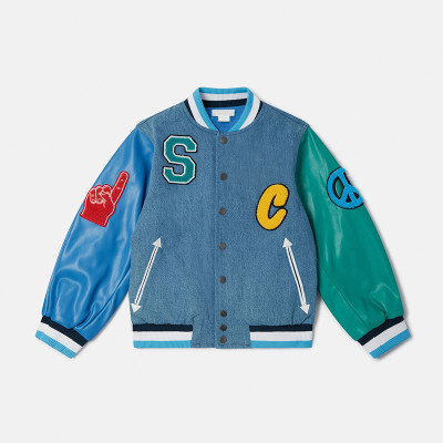 Custom Kids Colorblock Sleeve Cartoon Patch Varsity Jacket Manufacturer | Ginwen