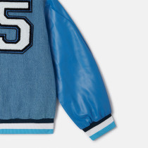 Custom Kids Colorblock Sleeve Cartoon Patch Varsity Jacket Manufacturer | Ginwen