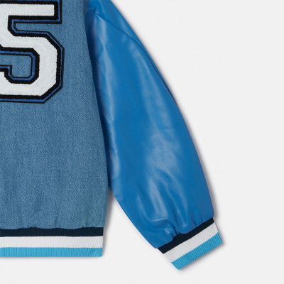 Custom Kids Colorblock Sleeve Cartoon Patch Varsity Jacket Manufacturer | Ginwen