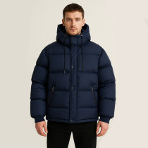 Men's Navy Hooded Puffer Jacket – Winter Warm Outerwear, Ready to Ship