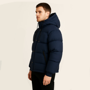 Men's Navy Hooded Puffer Jacket – Winter Warm Outerwear, Ready to Ship