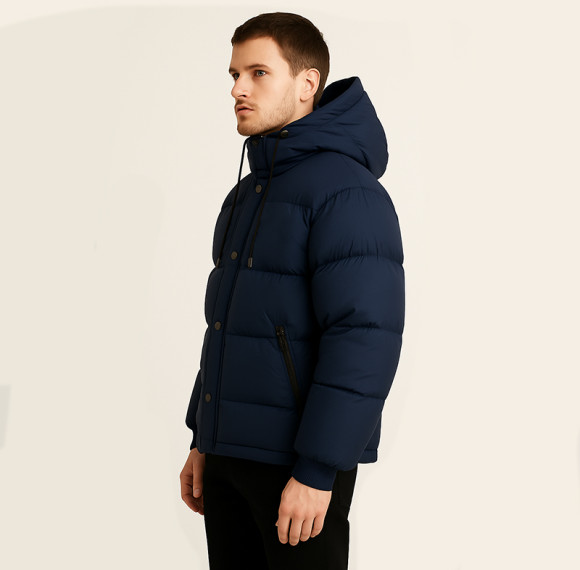 Men's Navy Hooded Puffer Jacket – Winter Warm Outerwear, Ready to Ship