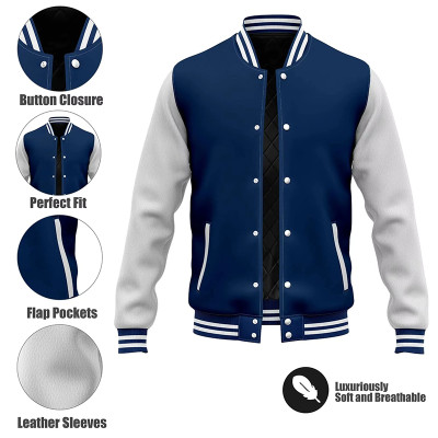 Men Blue & White Varsity Jacket – Classic Baseball Bomber Coat (In Stock)