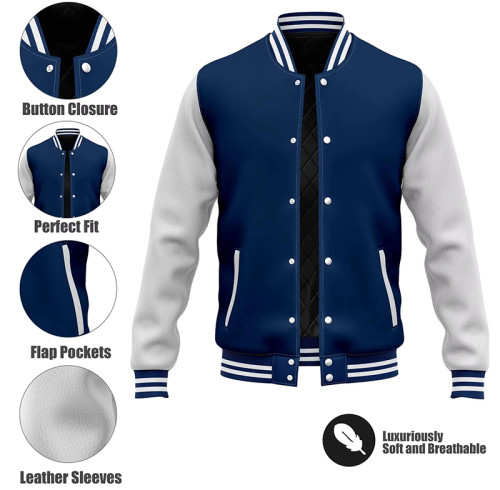 Men Blue & White Varsity Jacket – Classic Baseball Bomber Coat (In Stock)