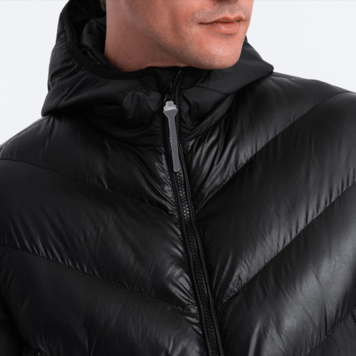 Custom Men's Glossy Black Hooded Winter Puffy Jacket Manufacturers | Ginwen