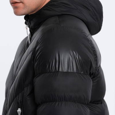 Custom Men's Glossy Black Hooded Winter Puffer Jacket Manufacturer | Ginwen