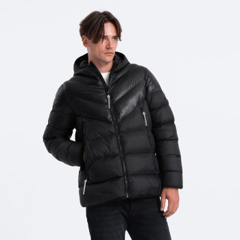 Custom Men's Glossy Black Hooded Winter Puffer Jacket Manufacturer | Ginwen