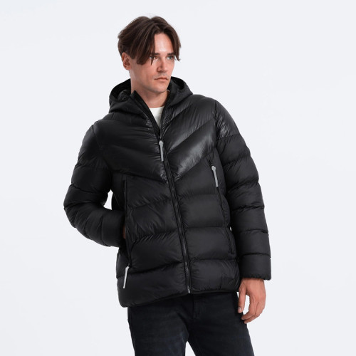Custom Men's Glossy Black Hooded Winter Puffy Jacket Manufacturers | Ginwen