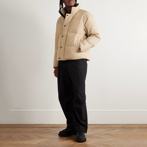 Custom men puffer jacket manufacturer with snap button placket and high neck design