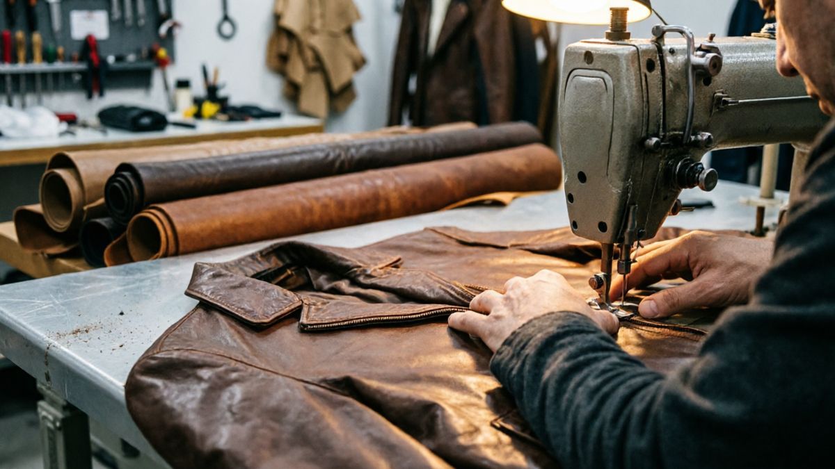 Custom leather jacket craftsmanship in professional manufacturing workshop